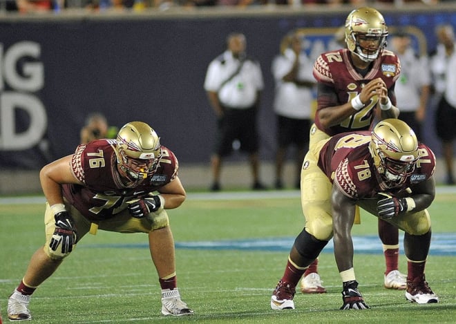 Will Rick Leonard (left) and Wilson Bell (right) be among the five starters protecting Deondre Francois next season?