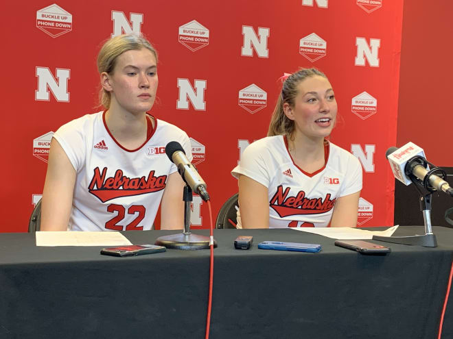 Nebraska volleyball outside hitters Lindsay Krause (left) and Madi Kubik (right)