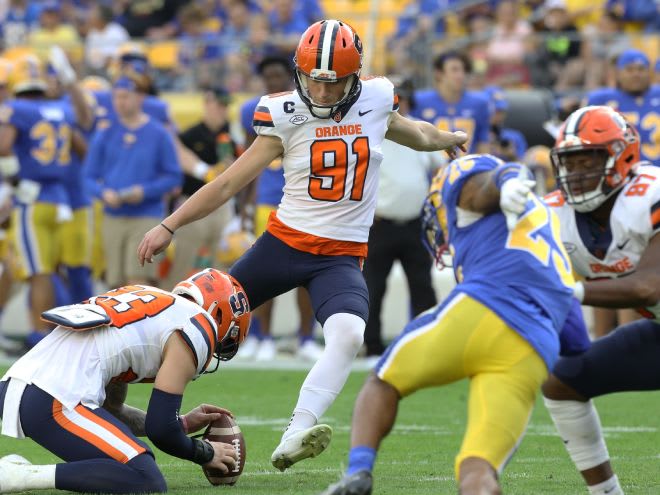 Nov 5, 2022; Pittsburgh, Pennsylvania, USA; Syracuse Orange place kicker Andre Szmyt (91) kicks a field goal against the Pittsburgh Panthers during the first quarter at Acrisure Stadium. Mandatory Credit: Charles LeClaire-USA TODAY Sports