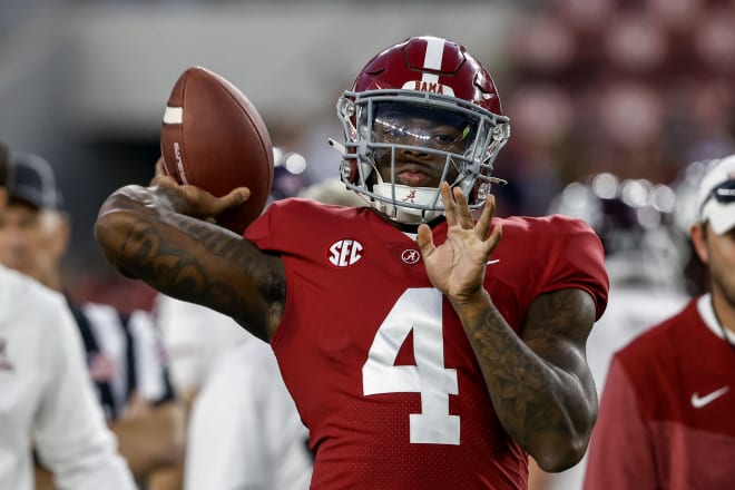 Alabama Crimson Tide quarterback Jalen Milroe (4) warms up before a game against the Texas A&M Aggies at Bryant-Denny Stadium. Photo | Butch Dill-USA TODAY Sports