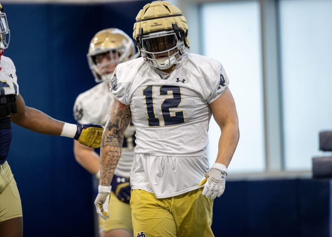 Notre Dame vyper end Jordan Botelho (12) followed up his Sun Bowl Defensive MVP performance with a strong first spring practice last Thursday.