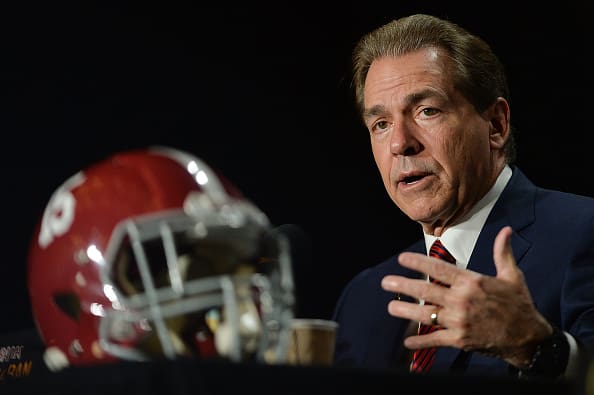 Alabama Football Coach Nick Saban will speak to the media on Wednesday, July 12 in Hoover, Alabama. (Photo by Jennifer Stewart/Getty Images)