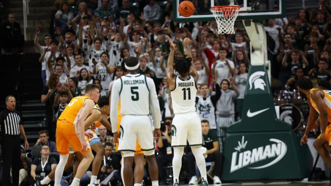 A.J. Hoggard shoots a free throw in Michigan State's exhibition game against Tennessee 