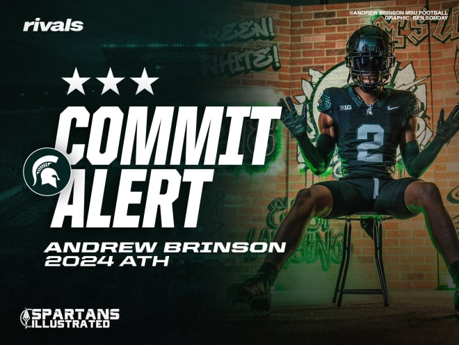 2024 defensive back Andrew Brinson commits to Michigan State. (Graphic by Ben Sonday, original photo courtesy of Andrew Brinson/MSU Football)