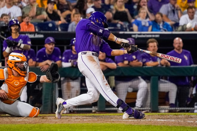 LSU left fielder Brayden Jobert hit a home run, a triple and a double in the Tigers' 6-3 Saturday night win over Tennessee in the College World Series in Omaha.