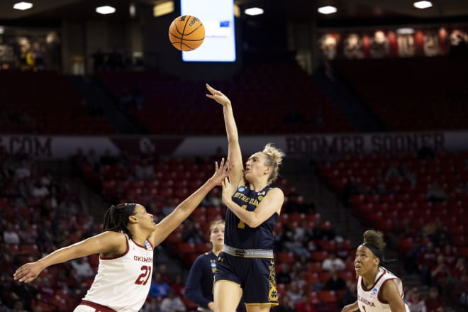 Notre Dame guard Dara Mabrey (1) launches one of her seven 3-pointers against Oklahoma, Monday night in an NCAA Tourney second-round game in Norman, Okla.