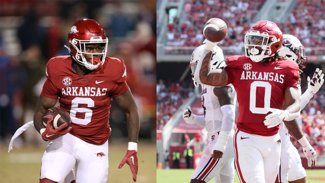 Arkansas running backs Rashod Dubinion (left) and AJ Green (right).