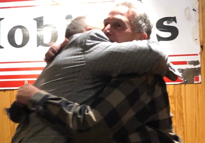 Mike Alden and Gary Pinkel embrace on Tuesday afternoon as Pinkel discussed his induction to the College Football Hall of Fame