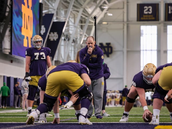 Notre Dame offensive line coach Joe Rudolph, back center, has to sort through options to find his starting guards for the 2023 season.
