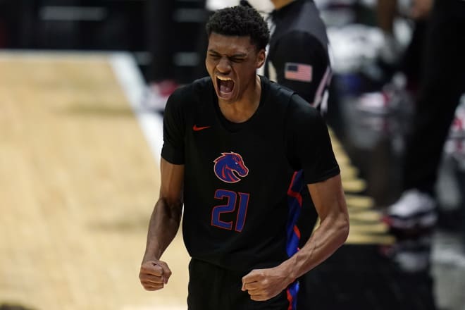 Boise State guard Derrick Alston Jr. (21) reacts after scoring a point during the second half of an NCAA college basketball game against San Diego State, Thursday, Feb. 25, 2021, in San Diego.