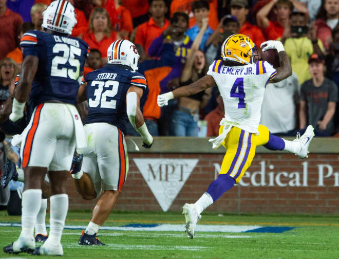 LSU running back John Emery Jr. ran 20 yards for what proved to be a game-winning TD in a 21-17 SEC win at Auburn on Saturday. It was Emery's first TD since December 2020 vs. Alabama as he sat out all last season academically ineligible.