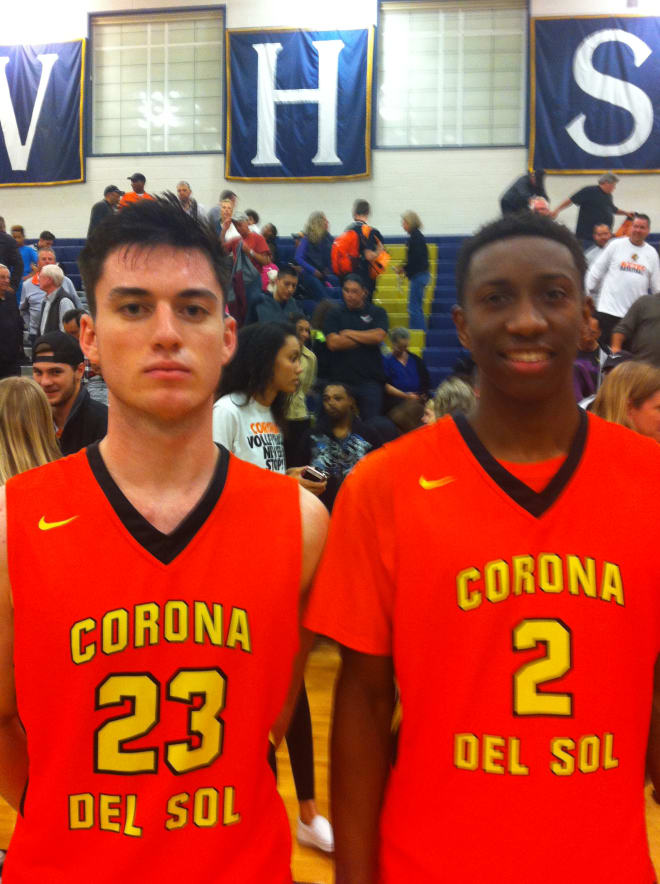 Pictured are 6'2" guards Alex Barcello and Saben Lee from CDS.    