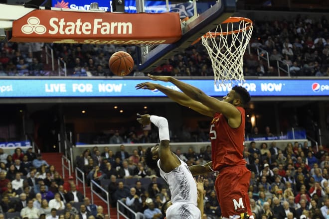 Damonte Dodd(No. 35)  blocks a shot during the Terps' early-season win at Georgetown.