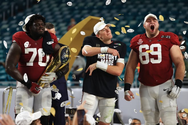 From left to right: Alabama offensive tackle Alex Leatherwood, quarterback Mac Jones and center Landon Dickerson will all travel to Mobile, Ala. for the Senior Bowl this week. Photo | Getty Images 