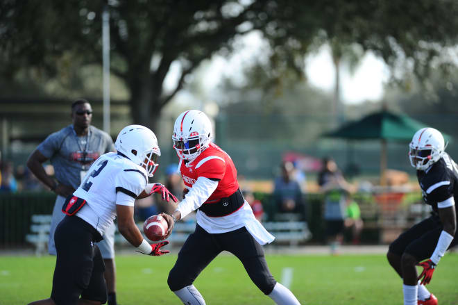 QB Dwayne Haskins with the handoff on Tuesday morning.