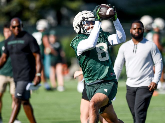 Michigan State running back Jalen Berger catches a pass during the open practice of fall camp on Aug. 3, 2023