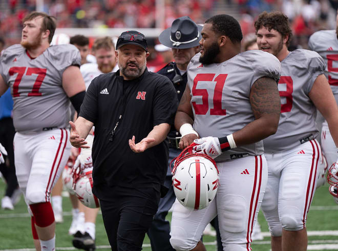 Nebraska football coach Matt Rhule (left) and Justin Evans-Jenkins following the Huskers' 2024 spring game