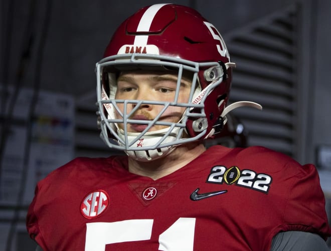 Alabama Crimson Tide offensive lineman Tanner Bowles (51) against the Georgia Bulldogs in the 2022 CFP college football national championship game at Lucas Oil Stadium. Photo | Mark J. Rebilas-USA TODAY Sports