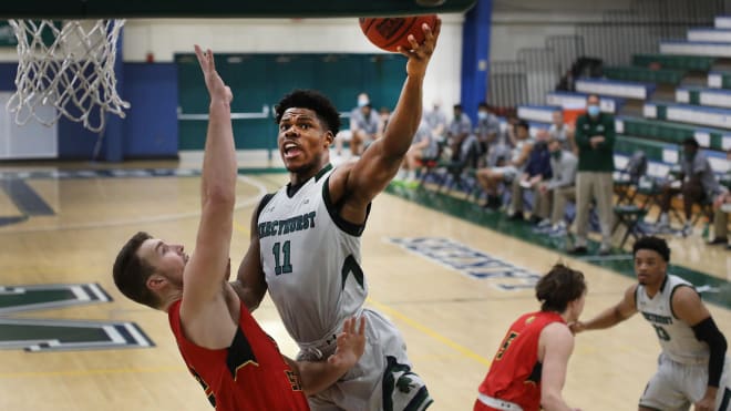 Daniel Ogele going up for a basket (Photo: Mercyhurst Athletics)