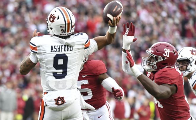 Alabama Crimson Tide linebacker Will Anderson Jr. (31) pressures Auburn Tigers quarterback Robby Ashford (9) at Bryant-Denny Stadium. Alabama won 49-27. Photo | Gary Cosby Jr.-USA TODAY Sports