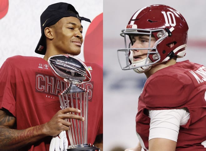 DeVonta Smith, left, and Mac Jones, right. Photos | Getty Images 