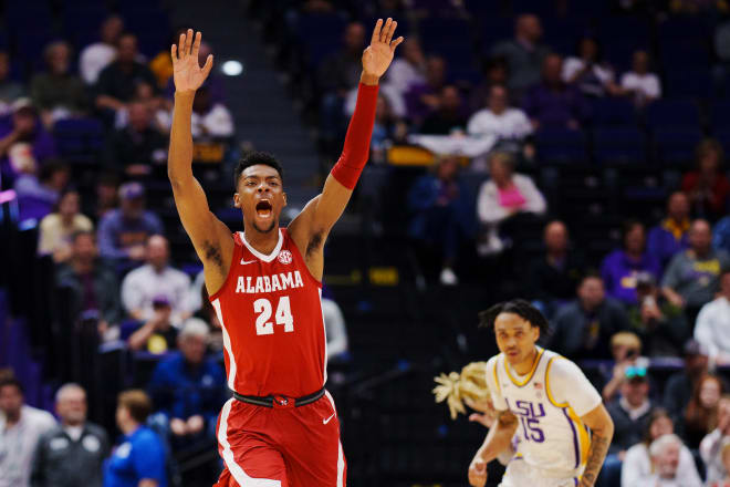 Alabama Crimson Tide forward Brandon Miller (24) reacts to a play against the LSU Tigers during the first half at Pete Maravich Assembly Center. Photo | Andrew Wevers-USA TODAY Sports