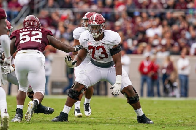 Alabama offensive lineman Evan Neal (73) is moving to right tackle this season. Photo | Getty Images 