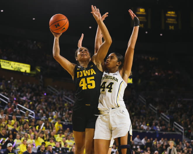 Hannah Stuelke goes up for a shot against Michigan