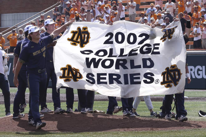 Notre Dame's players pay homage to the 2002 ND baseball team after capturing the Knoxville Super Regional on Sunday.