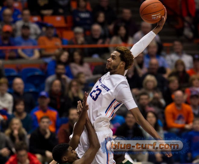 Boise State's James Webb III goes for a slam dunk during second half action against the colorado State Rams. The Broncos held on th beat the rams 84-80 in the conference opener for both teams.