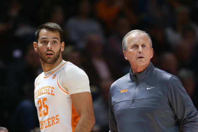 Dec 12, 2023; Knoxville, Tennessee, USA; Tennessee Volunteers guard Zakai Zeigler (5) and head coach Rick Barnes react during the first half against the Georgia Southern Eagles at Food City Center at Thompson-Boling Arena.