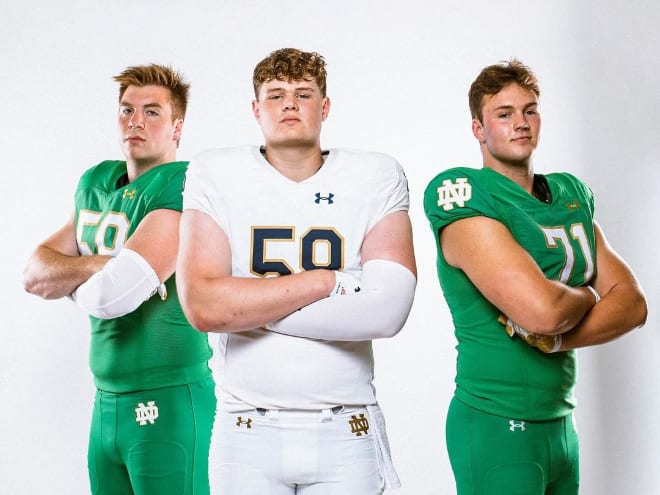 Notre Dame's three offensive line commits in the 2025 class — Matty Augustine (left), Owen Strebig (center) and Will Black — pose during their official visits in June.