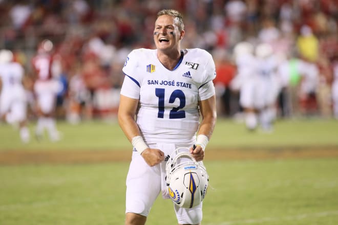 Josh Love celebrates after leading San Jose State to a win over Arkansas.