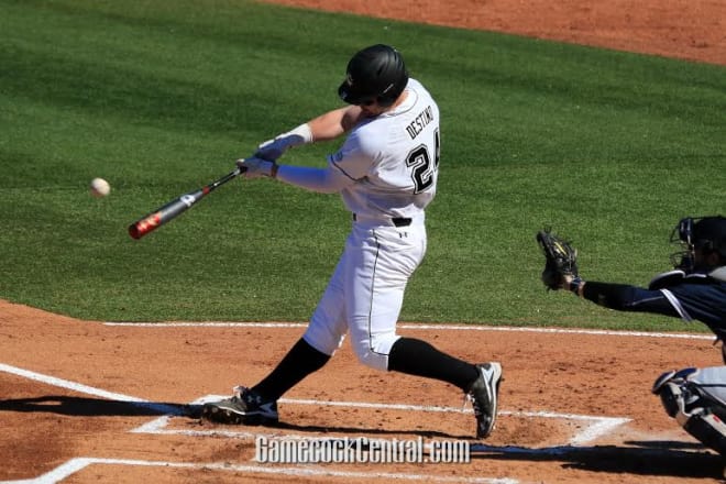 Alex Destino smacks the first of his two homers in Saturday's game