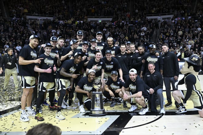 Mar 5, 2023; West Lafayette, Indiana, USA; The Purdue Boilermakers pose with the Big Ten Conference trophy after defeating the Illinois Fighting Illini at Mackey Arena. Boilermakers won 76-71. 