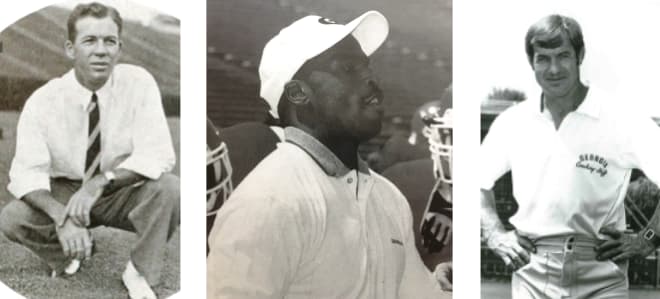 Dog gone (L to R) head coach JOEL HUNT in 1938, defensive coordinator KEVIN RAMSEY in 2000, and defensive backs coach JIM PYBURN in 1999.