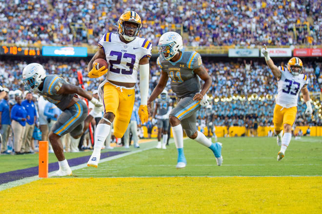 LSU fifth-year senior outside linebacker Micah Baskerville scored the second TD of his career earlier this season on a 29-yard interception return vs. Southern.