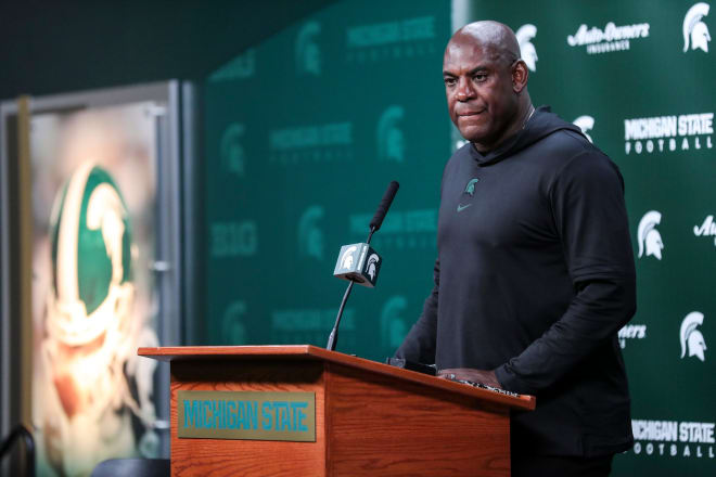 Michigan State head coach Mel Tucker speaks at post game press conference after 31-7 win over Central Michigan at Spartan Stadium in East Lansing on Friday, Sept. 1, 2023.