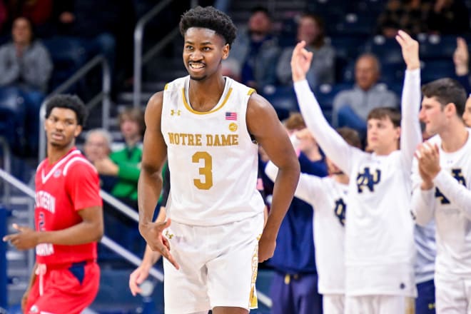 Irish guard Trey Wertz (3) reacts after a 3-point basket in the second half against Southern Indiana at Purcell Pavilion.