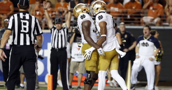 Running back Josh Adams (left) and receiver Equanimeous St. Brown both left after their junior seasons last year.