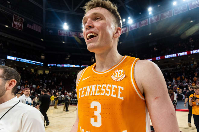 Mar 6, 2024; Columbia, South Carolina, USA; Tennessee Volunteers guard Dalton Knecht (3) celebrates following their win against the South Carolina Gamecocks at Colonial Life Arena.