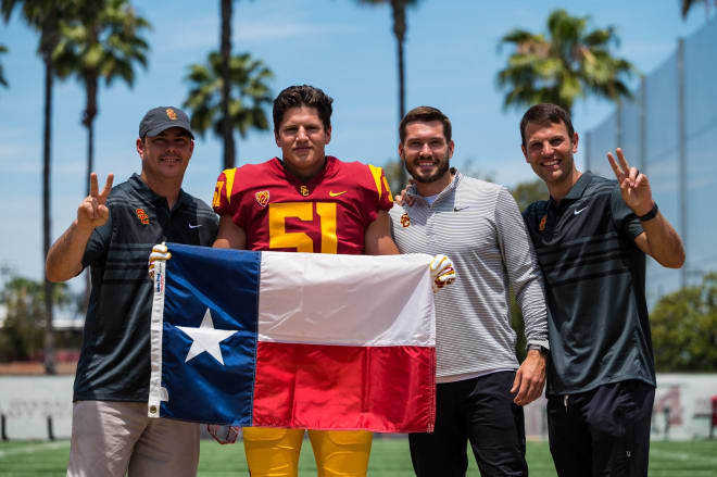 USC offensive line target Austin Kawecki, from Frisco, Texas, with fellow Lon Star State natives OL coach Clay McGuire, TEs coach Seth Doege and OC Graham Harrell. 
