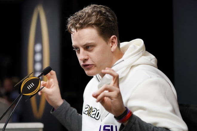 LSU quarterback and Heisman Trophy winner Joe Burrow is shown here at Media Day in New Orleans on Saturday.