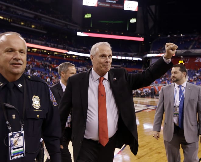 Wisconsin head coach Bo Ryan celebrates after the NCAA Final Four tournament college basketball semifinal game against Kentucky Saturday, April 4, 2015, in Indianapolis.