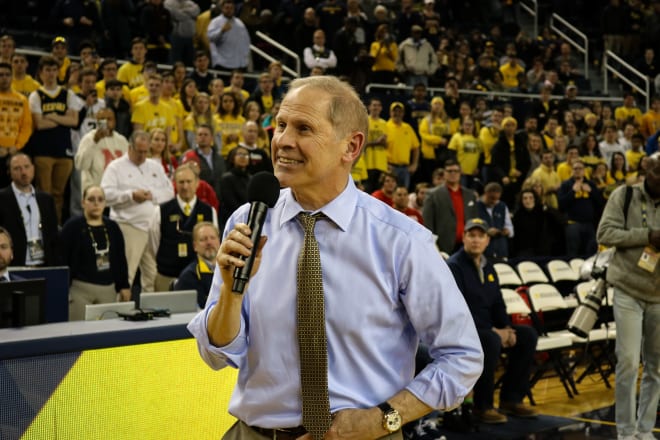 John Beilein addresses the crowd after the last home game. 