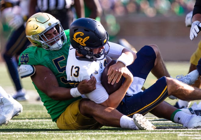 Notre Dame senior defensive lineman Jacob Lacey led the team with two sacks. 