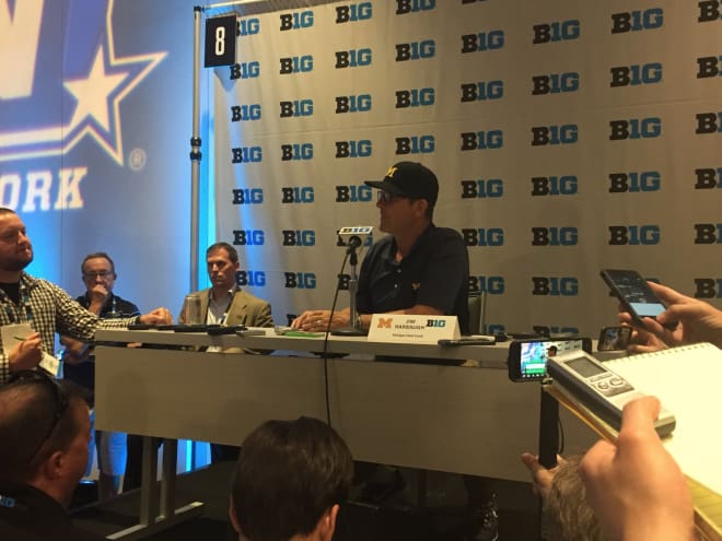 Jim Harbaugh once again attracted the biggest media crowd of any coach on Monday afternoon.