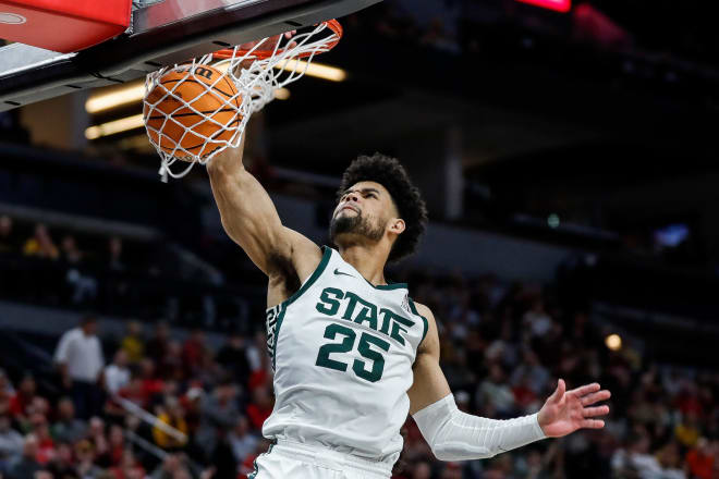 Michigan State forward Malik Hall (25) dunks against Minnesota during the first half of Second Round of Big Ten tournament at Target Center in Minneapolis, Minn. on Thursday, March 14, 2024.