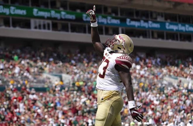 Florida State fullback Freddie Stevenson points to the sky after scoring a touchdown earlier in the year against South Florida.