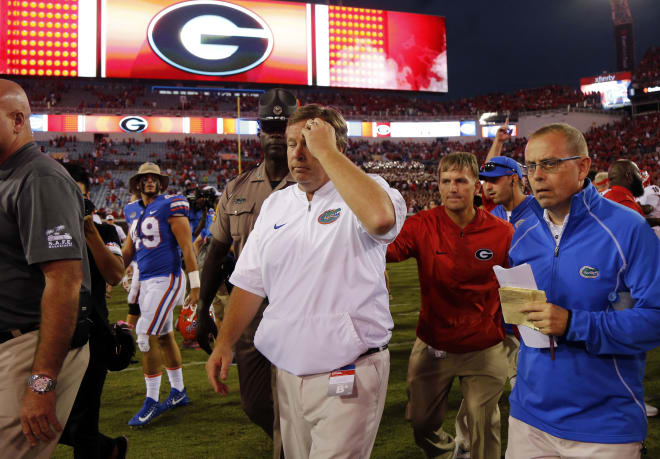 Oct 28, 2017; Jacksonville, FL, USA; Florida Gators head coach Jim McElwain walks off the field as he lost to the Georgia Bulldogs at EverBank Field.